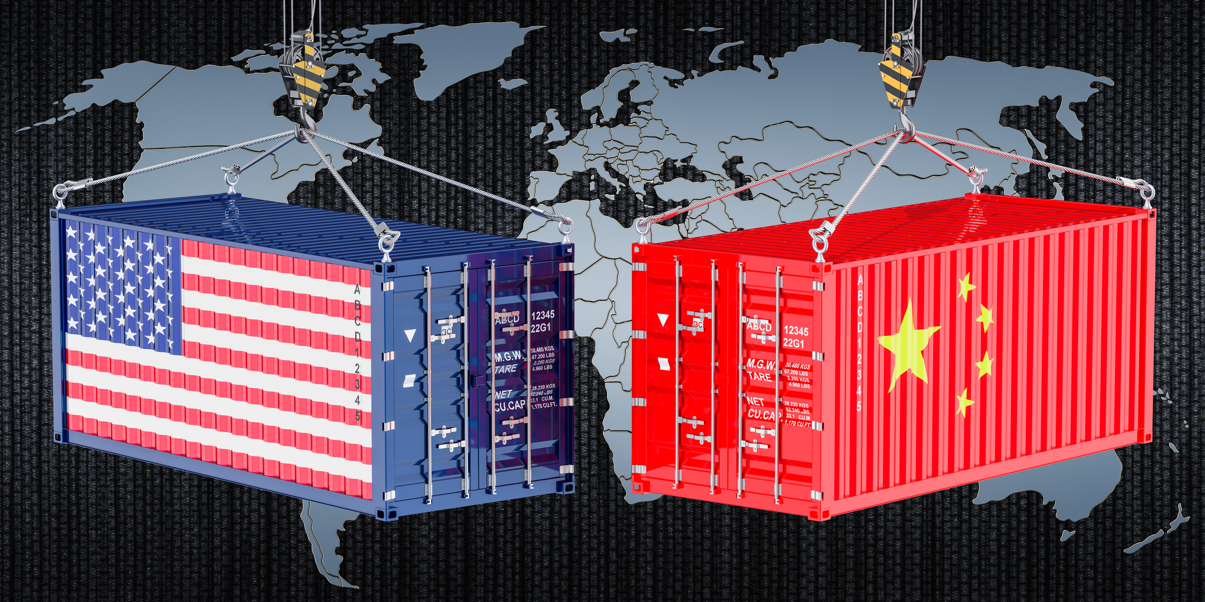 Shipping containers with United States and Chinese flags imposed over a map background