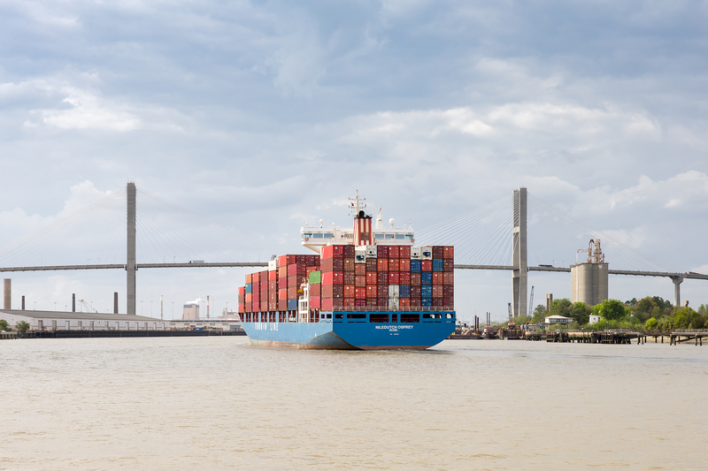 cargo container ship approaching Port of Savannah, Georgia