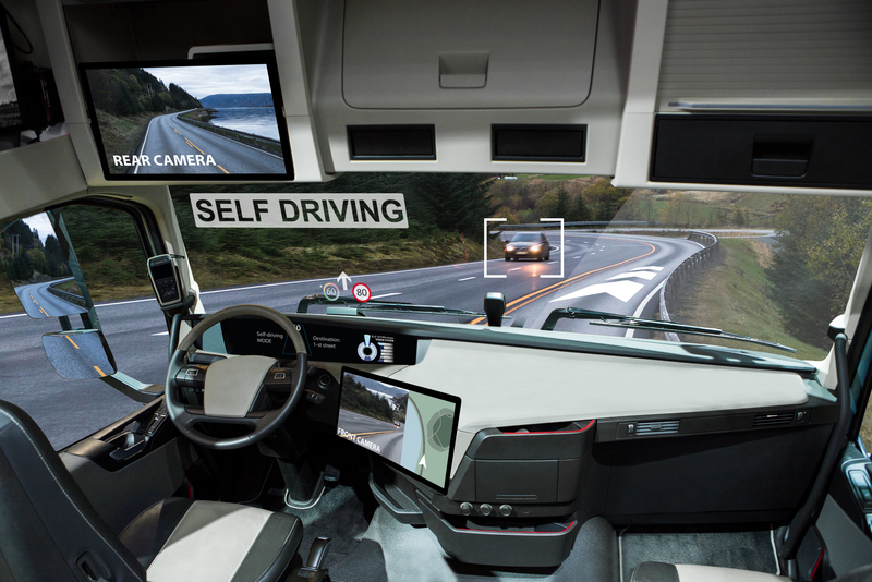 Interior of a self-driving truck on the highway